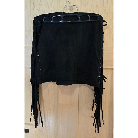 Black Faux Suede Fringe Lace-Up Skirt With Eyelet Detailing Whimsigoth Y2K - Picture 3 of 9